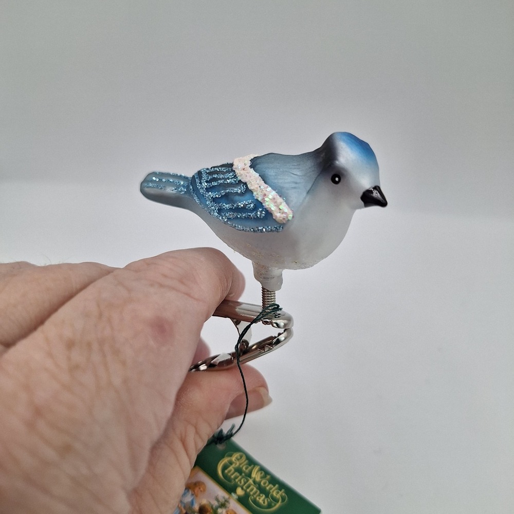Old World Christmas Clip On Ornament Mini Songbird Blue Jay Glass (2019 or 2023)